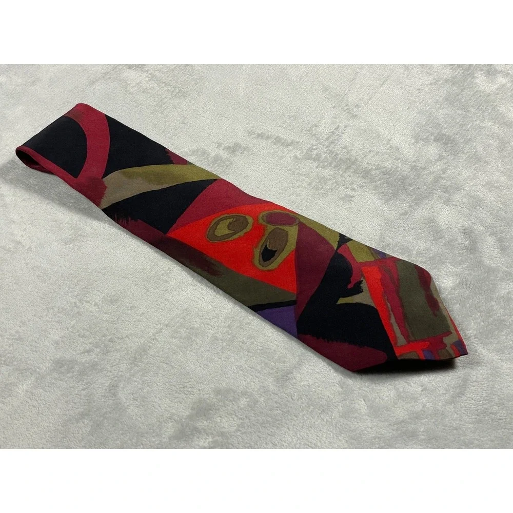 Vintage Pierre Cardin Tie Men's One Size Red Olive Abstract Geometric Silk USA